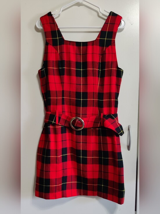 Spaghetti Dresses & Skirts - Red & Black Plaid Belted Dress
